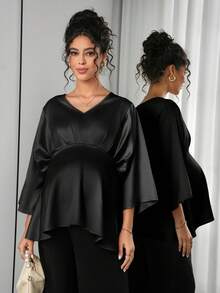 Momance Áo bầu cổ chữ V tay cánh dơi viền bèo nhún - màu đen - Xem 3