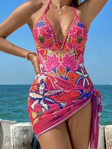 Swim Vcay Set de 2 piezas 2025 Nuevo exclusivo traje de baño de una pieza con cuello en V profundo, adorno floral, espalda descubierta y pañuelo/falda envolvente estampado exclusivo, estilo de vacaciones de verano para mujer - Multicolor - Ver 4