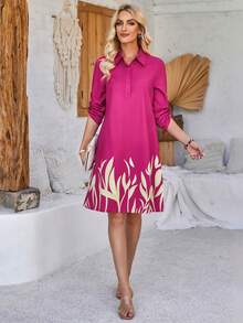 EMERY ROSE Women Holiday Casual Plant Print Roll Sleeve Dress - Hot Pink - View 3