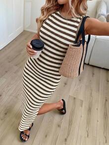 SHEIN LUNE Đầm dệt kim kẻ sọc dành cho nữ, thích hợp cho kỳ nghỉ, công sở, hẹn hò và các dịp khác, dài ngang gối có xẻ tà. - Nhiều màu - Xem 1