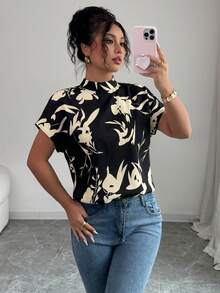 Elenzga Women's Casual Plant Print Mandarin Collar Short Sleeve Shirt - Multicolor - View 6
