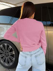 Milla Jasmine 女式简约百搭优雅纯色前扣长袖开衫秋冬款，粉色 - 粉色 - 查看 2