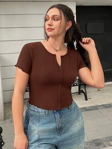 SHEIN EZwear 棕色V领纽扣休闲短袖T恤，适合大码女性 - 棕色 - 查看 4