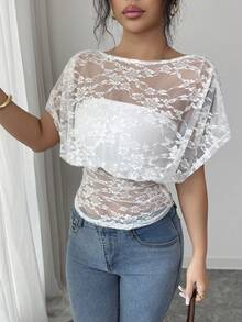 Selianne Elegant,Date,White Floral White Off-Shoulder Lantern Sleeve Lace Crop Top,Summer Vacation Urban Chic Top For Daily Wear,Wedding,Formal,Party,Holiday - White - View 7