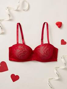 Elorette 1pc Push-Up 1/2 Cup Elegant Floral Print Red Comfortable Daily Wear Bra - Red - View 1