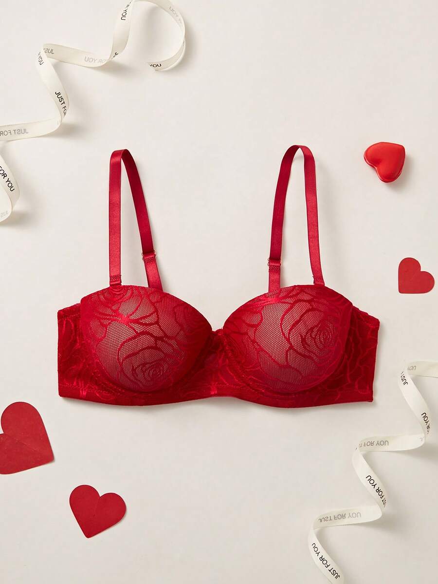 Elorette 1pc Push-Up 1/2 Cup Elegant Floral Print Red Comfortable Daily Wear Bra - Red - View 1