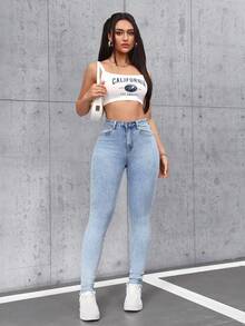 SHEIN Tall Women's Washed Skinny Jeans With Pockets - Blue - View 5