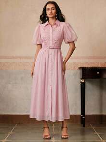 Vestido midi morado con volantes y estampado floral en patchwork, con cintura estilizadora, adecuado para vacaciones y ocasiones de fiesta, primavera/verano - Rosa - Ver 5