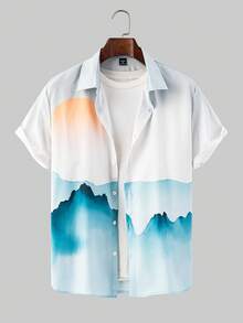 EGENSIO 男士风景画短袖 Polo 领单排扣休闲衬衫 - 彩色 - 查看 3