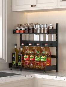 1个可调节高度多功能厨房调料架台面收纳整理架防锈节省空间黑色家居必备 - 黑色 - 查看 10