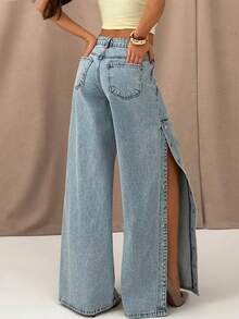 SHEIN Calça jeans de cintura baixa, modelagem regular, estilo casual, azul claro com lavagem neve, detalhe de botão na costura lateral e pernas largas. - Lavagem leve - Ver 2