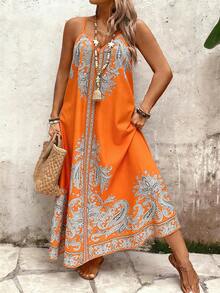 Breezaya Plus Size Women's Loose Casual Orange Floral Print Spaghetti Strap Dress,Summer Boho Vacation Holiday Bohemian Beach Beach Vacation Outfit Resort - Orange - View 3