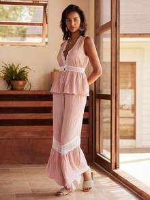 Women Contrast Lace Sleeveless Button-Up Top And Pants Pajama Set - Pink - View 4