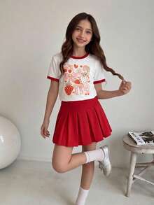 Sparklyn Bộ áo thun ngắn tay in nơ và chân váy xếp ly cho bé gái tuổi teen. - Nhiều màu - Xem 7