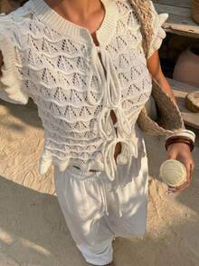 SHEIN SunnyBelle Women's White Hollow Casual Ruffle Bow Tie Fashionable Versatile Summer Short Sleeve Thin Cardigan - White - View 4
