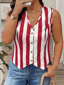 Vionelle 大码V领条纹印花前扣休闲无袖背心 条纹无袖上衣 女士夏季休闲上衣 女士最新款上衣 女士夏季上衣 女士夏季平价上衣 - 紅色 - 查看 1