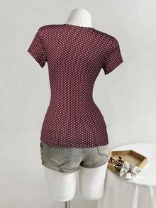 Áo thun ngắn tay họa tiết chấm bi hình tròn dành cho thiếu nữ - màu nâu - Xem 2