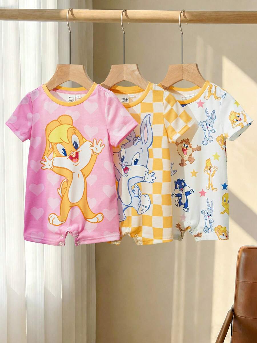 LOONEY TUNES X SHEIN Baby Mädchen Cartoon Muster Rundhals Lässig Kurzarm Romper - Verschiedenfarbig - Übersicht 1