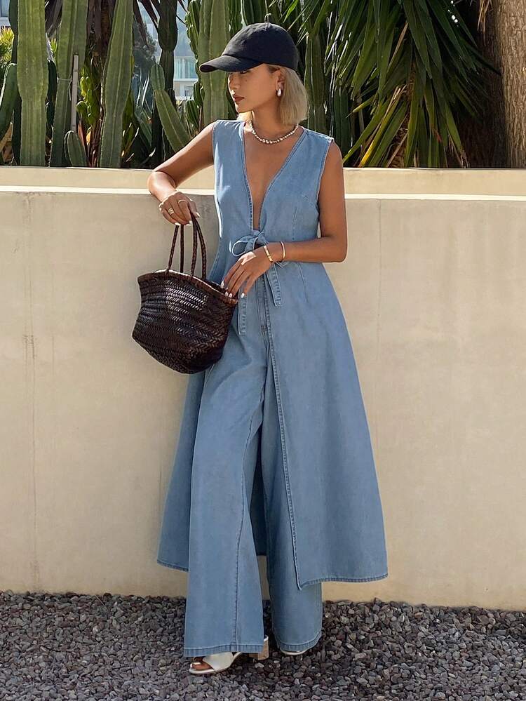 Women's V-Neck Tie-Up Vacation Style Long Flowy Denim Set Summer