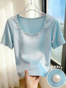 Lyxana Women's Summer Round Neck Sleeveless Fitted Waist Split Hem Beaded Luxurious Knit Shiny Casual Elegant Versatile Blue T-Shirt - Blue - View 6