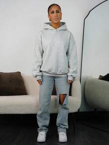SAYEHFBABY 休闲简约花卉灰色连帽宽松厚款女士卫衣，适合秋冬季 - 淺灰色 - 查看 5