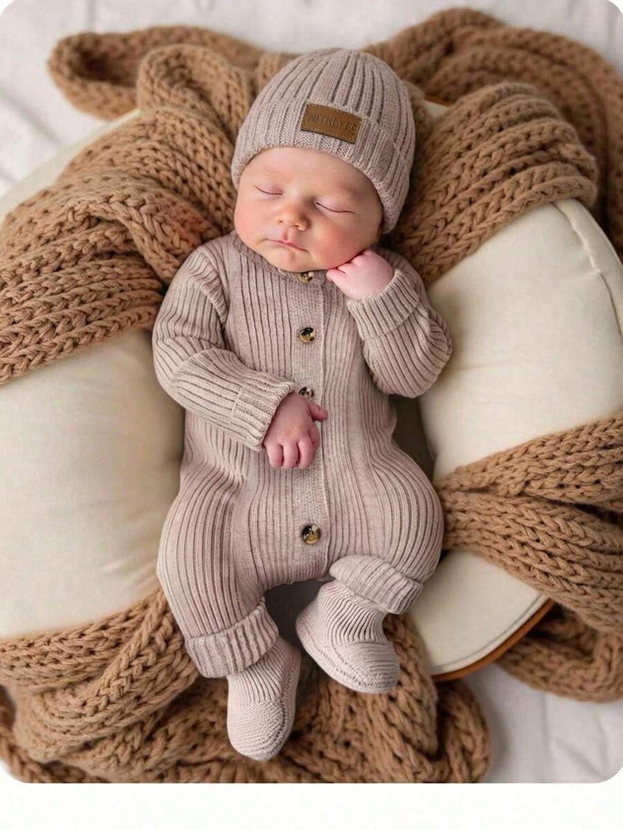 SHEIN 新生女婴可爱针织连体衣，带连脚裤和帽子套装，适合秋冬季 - 卡其色 - 查看 1