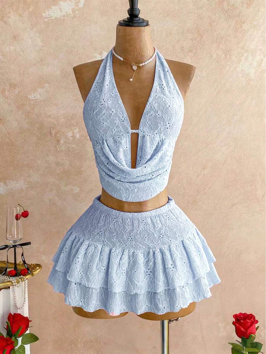 Sweetra Bộ váy chữ A xếp tầng thiết kế cổ khoét sâu gợi cảm thời trang, kiểu Mỹ, hở lưng, chất liệu vải jacquard dành cho nữ. - Màu xanh lam - Xem 1