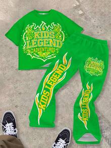 Tween Boy Green Summer Streetwear City Break Graphic Print Round Neck Short Sleeve T-Shirt And Flare Pants Set,Y2K Kids Legend Activewear Outfit - Multicolor - View 2