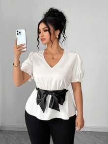 Elenzga Áo kiểu nữ cỡ lớn thanh lịch tối giản, thích hợp mặc hàng ngày, hẹn hò hoặc đi nghỉ mát, phối đen trắng, cổ chữ V, tay phồng, thắt nơ. - Đen và trắng - Xem 8