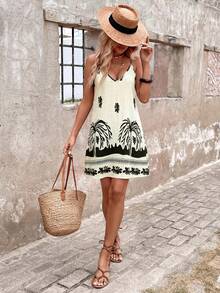 Sylviya 波西米亚印花吊带V领露背A字连衣裙，音乐节服装，夏季女装，太阳裙，波西米亚风女装，度假装，复活节女装，波西米亚风女装，乡村音乐会服装，欧洲夏季热带风情连衣裙，度假装 - 黑與白 - 查看 5