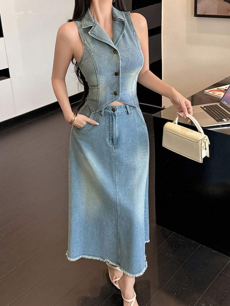Women's Casual Washed Denim Vest And Mini Skirt Suit, Spring/Summer,Wedding Guest Dress Women