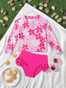 SHEIN Tankinis para niñas, parte superior de tankini de tela de punto con estampado floral rosa lindo, de manga larga, con protección solar, elegante y casual, adecuado para nadar, vacaciones de verano, playa, piscina, fiesta de vacaciones. Traje de baño tipo rash guard para niñas pequeñas y niñas. Traje de baño con estampado de flores rosas para niños. - Rosa Fucsia - Ver 3
