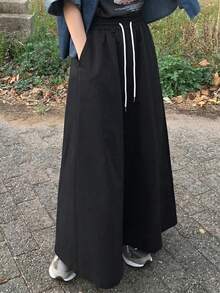 FRIFUL Women's Summer Airport Business Casual Solid Color Drawstring Waist Wide Leg Pants - Black - View 4