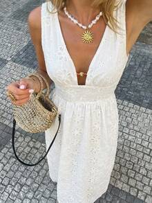 SHEIN Frenchy Women's Embroidered Elegant Waist Cinched Midi Dress, Suitable For Vacation, Dates, And Outingsn,French-Style Openwork Embroidered V-Neck White Dress,A Mid-Length Summer Dress With A Fitted Waist And Sleeveless Design, Exuding Elegance And Sophistication., Elegant White Summer Dress, Women White Dress Elegant, White Vintage Dress, Ankle Length Dress, Boho White Dress, French Style Dress, Spain Vacation Outfits, Greece Vacation Outfit,Graduation Dress,Wedding Party Dress,Wedding Guest Dresses,Bridesmaid Dress,Party Outfit,,Summer Dresses For Women,Elegant Dresses For Party,Beach Outfits, Beach Vacation Outfits For Women,Holiday Outfits For Women,Summer Outfit For Women,Summer Clothes, White Lace Dress Women, Women Vacation Dress, Elegant Summer Dress - White - View 4