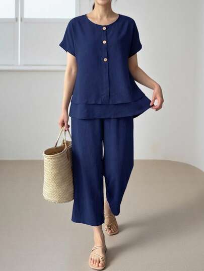 EMERY ROSE 2 piezas Conjunto informal de verano para mujer de unicolor, cuello redondo, manga corta, holgado