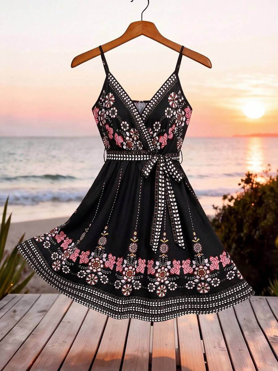 Breezaya Plus Size Women Floral Print Tie Bow Strap Casual Vacation Dress - Multicolor - View 1