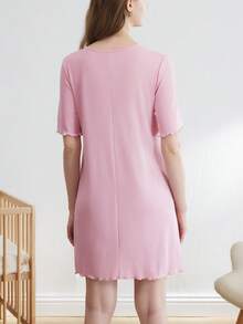 BloomMama Maternity Button Half Placket Bow Decor Slit Hem Nightgown - Pink - View 2