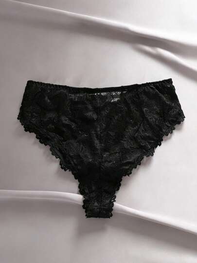1pc Black Plus Size Women Floral Lace Trim Sexy Panty