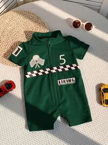 SHEIN Bộ áo liền quần tay ngắn cổ mềm mại, họa tiết chữ cái cho bé trai/bé gái, kèm quần short. - màu xanh lá - Xem 6