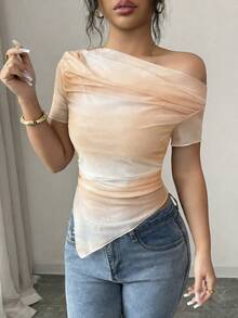 Elenzga 女士新款时尚扎染印花不对称领短袖T恤 - 杏色 - 查看 3