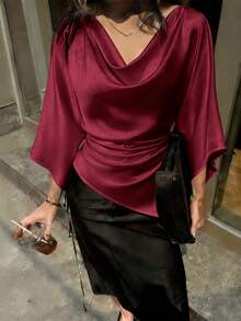 Rafferiza Women's Elegant Casual Loose Collar Blouse - Burgundy - View 3