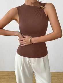 Celisse 夏季时尚金属装饰吊带衫 - 咖啡棕 - 查看 5