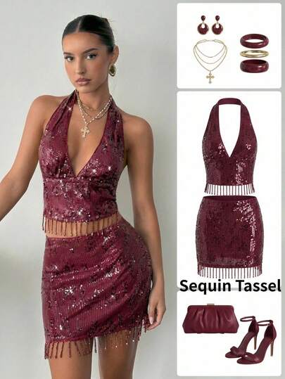 Siren Gaze Women's Sexy Sequin Fringe Backless Halter Neck Top, Summer,Red Bling Sequin V-Neck Y2K Sexy Fringe Halter Top, Sexy Backless V-Neck Crop Top, Fringe Hem, Fitted V-Neck, Suitable For Party/Birthday Celebration/Beach Vacation,Red Top,Fringe Blouse For Women,Sequin Skirt,Sequin Top,Vacation Outfits Women ,Casual Sets For Women,Elegant Women's Blouses ,Women's Elegant Beach Swimsuit , Beach Outfits For Women,Summer Outfit For Women