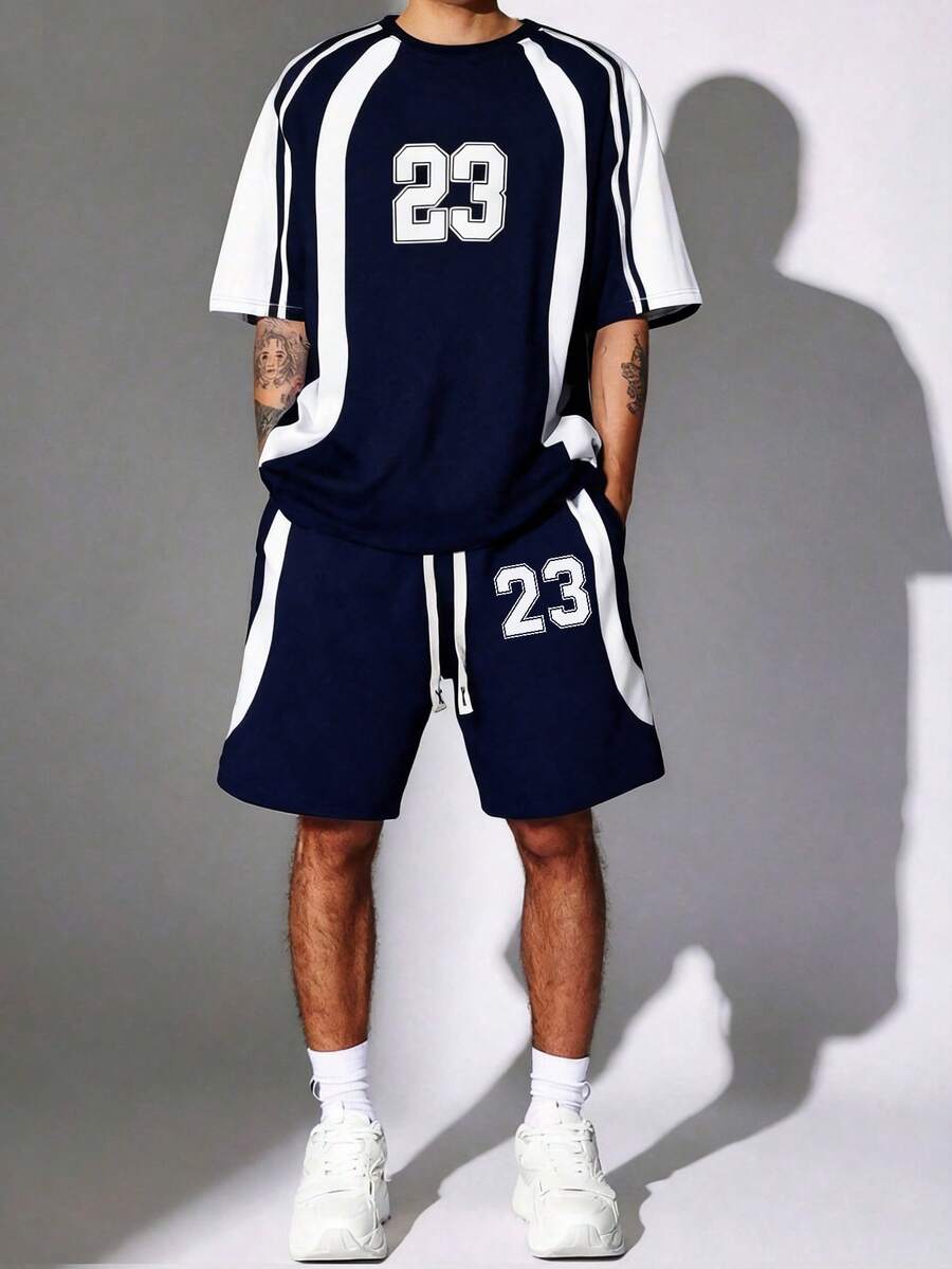 Manfinity Campus Court Conjunto de camiseta de manga raglán con bloques de color casual, adecuado para uso en verano, actividades al aire libre y fútbol en casa - Azul Marino - Ver 1