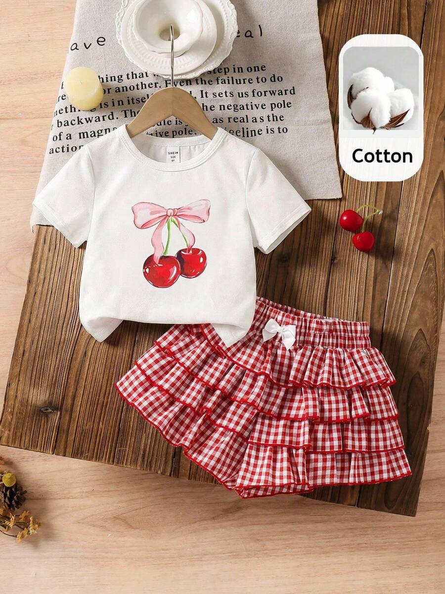 LMoss Kids LMoss 2pcs/Set Young Girl Solid Color Knit Crew Neck Casual T-Shirt And Plaid Casual Shorts Set - Multicolor - View 1