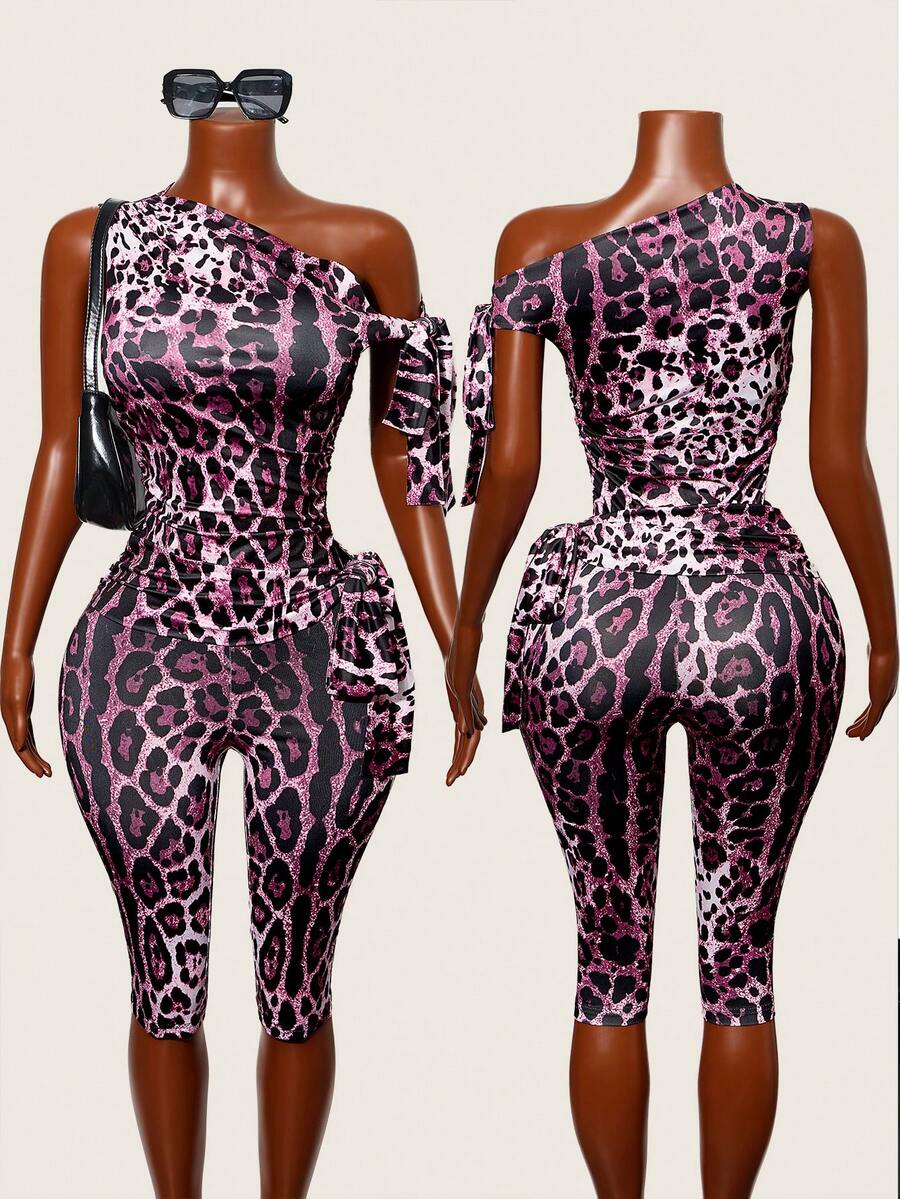 BamGleam 女士夏季豹纹无袖系腰修身七分连体裤 - 粉色 - 查看 1