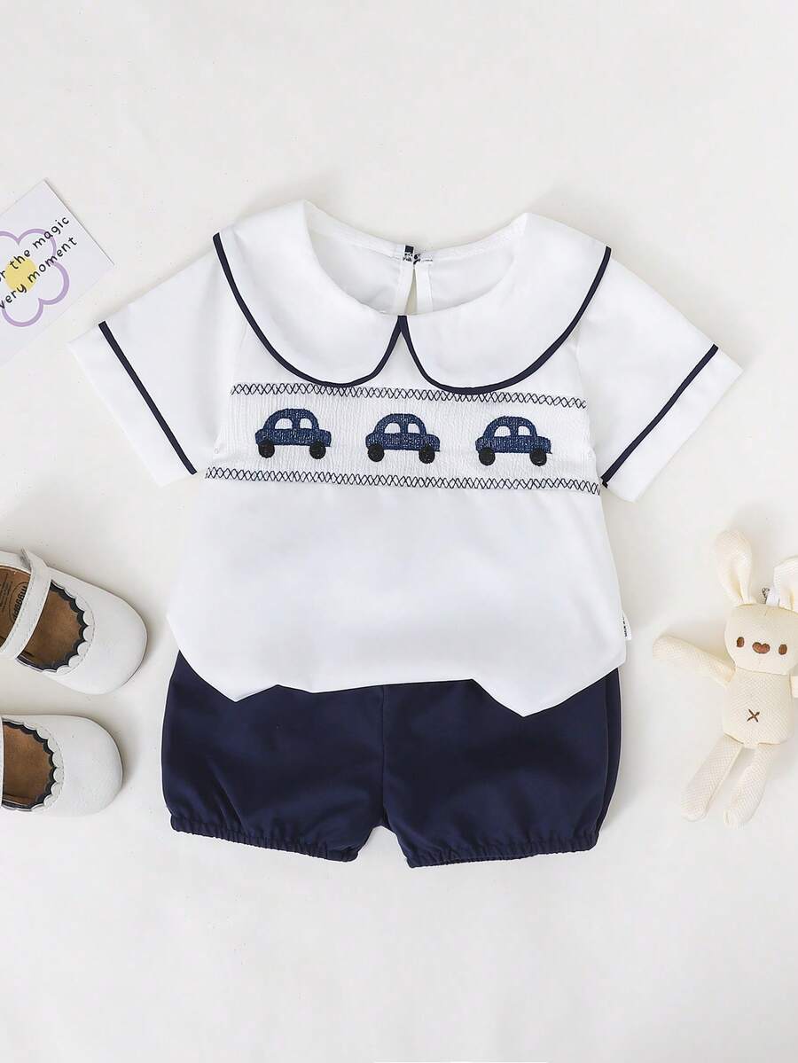 SHEIN Playful Pals 2件組男嬰幼兒套裝 藍白條紋夏季可愛親子款汽車印花襯衫 & 藍色短褲 紳士西裝 適用於婚禮派對 1歲生日 - 藏蓝色 - 查看 1