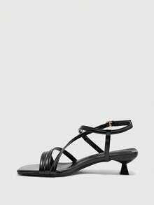 CUCCOO BIZCHIC Giày sandal nữ mùa xuân hè mới màu đen có khóa kim loại, mũi vuông, hở mũi, cao gót, gót mỏng kiểu Pháp, phối cùng váy. - màu đen - Xem 7