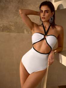 MOTF PREMIUM CONTRAST BINDING O-RING CUTOUT FRONT HALTER ONE-PIECE SWIMSUIT - White - View 6
