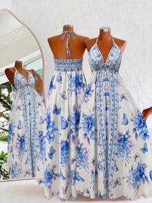 Franclia Bohemian Style Printed Beach Slip Dress - Baby Blue - View 1